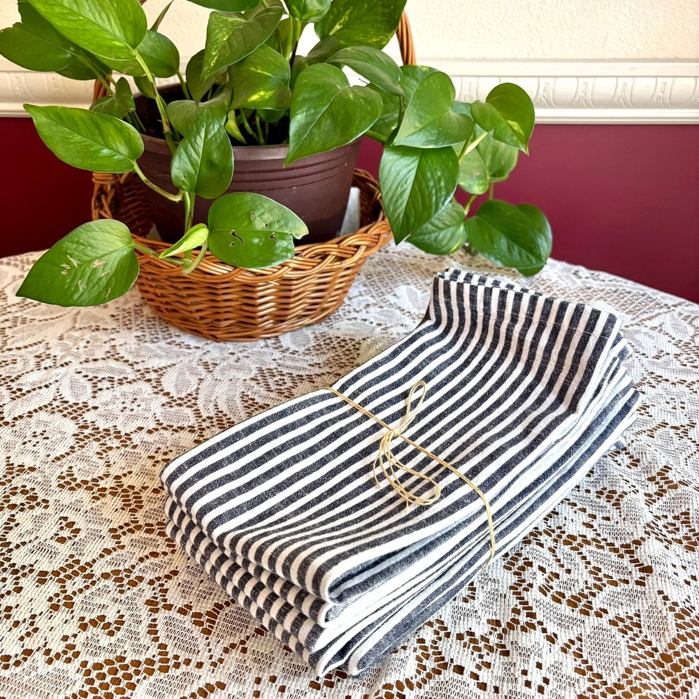 Pier 1 Imports Navy White Stripe 100% Cotton Cloth Napkins 8pc Farmhouse Coastal